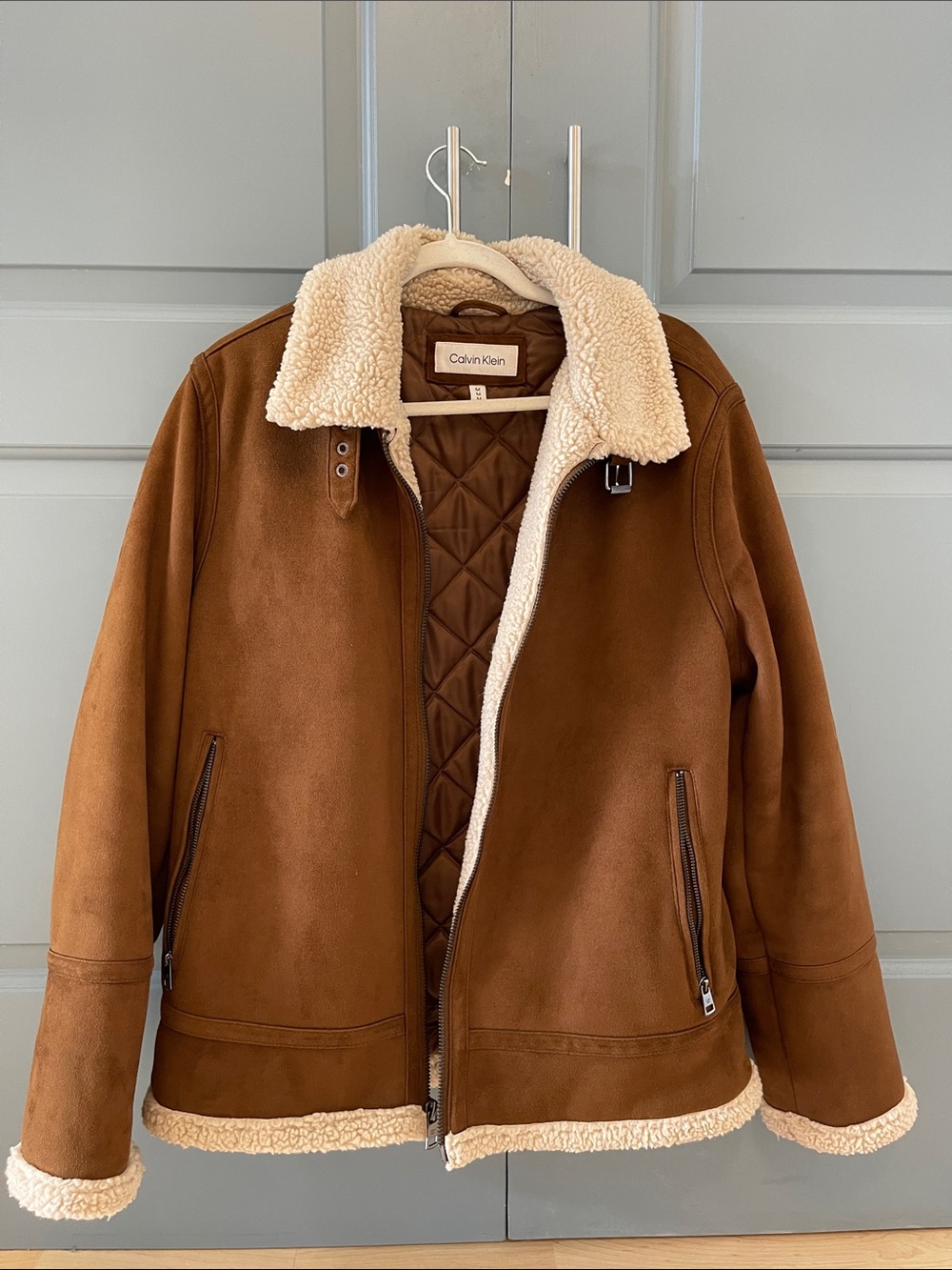 Men’s Calvin Klein Chestnut Brown Shearling Jacket with Cream Lining